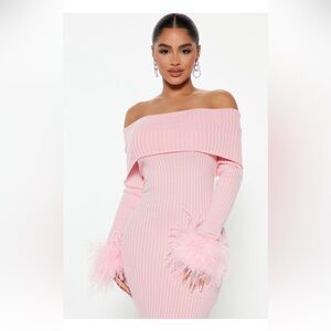 Never Worn Fashion Nova Pink Off-Shoulder Feather Midi Dress